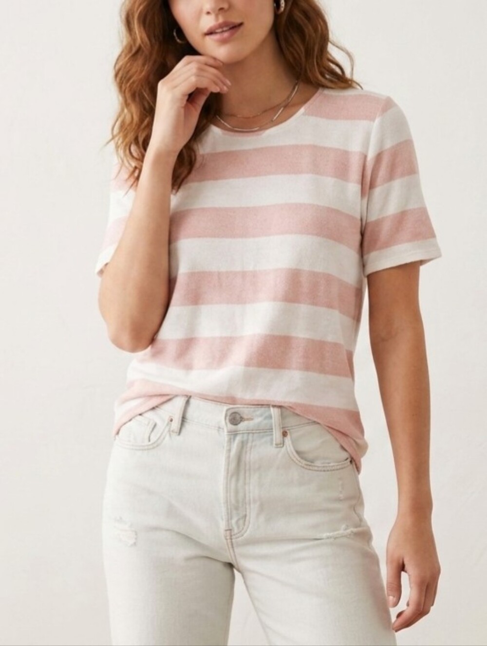 Sz S Vince Camuto 100% Rayon Pink & White Striped Short Sleeve Tee